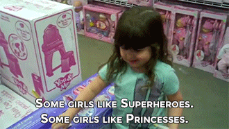 Heavy words. Kid's spouting words like she's a grow ass woman... Better question. Why don't you just walk to the superhero aisle instead of the princess aisle.