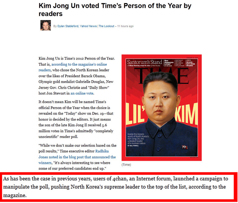 4chan 4chan. Most impressive. Original content: ca.news.yahoo.com/blogs/lookout/kim-jong-un-time-person-181041633.html. Kim Jong voted Time' s Person of the Year by r