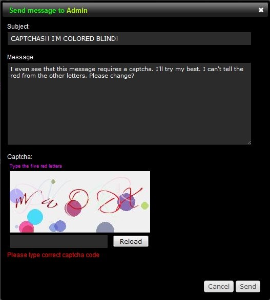 Dear Admin (Read Description) Dear Admin (Read Description). I don't know how many times it is going to take me to upload this. It is very hard to read the new captchas since I'm color blind