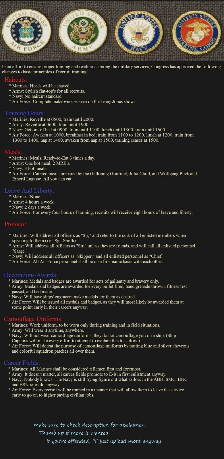 Differences in Military Differences in Military. /funny_pictures/661195/True+Test+of+Courage/<br /> /funny_pictures/661332/Mr+Brightside/<br /> Credit to: GySgt. George F.