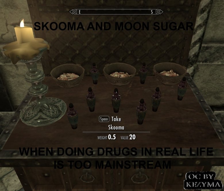 Doing Drugs In Skyrim! Doing Drugs In Skyrim!. collected this up and took a screenshot thought it would be amusing Number 2 /funny_pictures/3167562/Doing+Drugs+In+Skyrim+2. we'" Spore