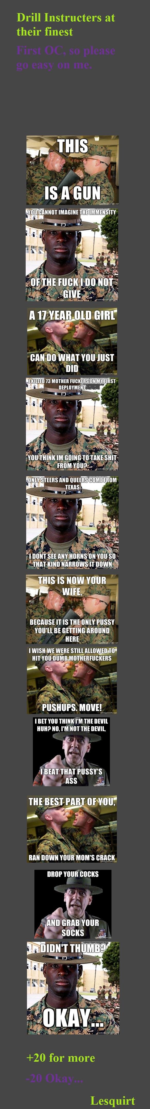 Drill Instructor Meme's part 1 Drill Instructor Meme's part 1. First OC, hope you liked. Second part is up. /funny_pictures/1686397/Drill+Instructor+Meme+s+part+2/. Drill Instructors at their