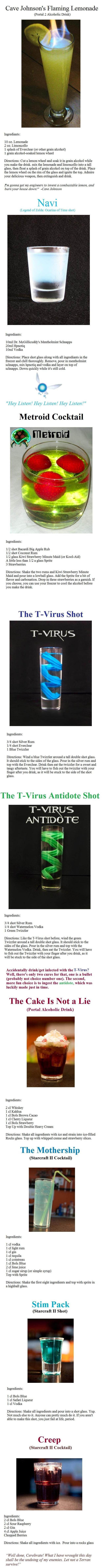 Drinks for Gamers Drinks for Gamers. Subscribe for moar!! Here is Part 2!! : /funny_pictures/3172552/Drinks+for+Gamers+2 Source for drinks : www.thedrunkenmoogle.com/. Cave Johns