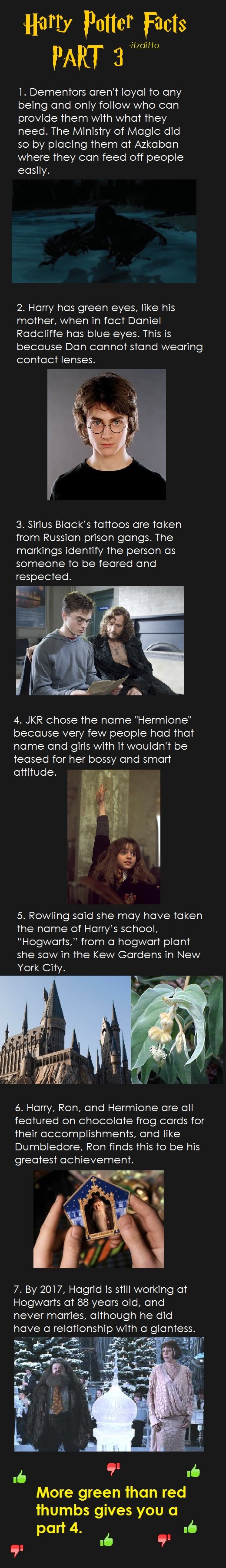 Harry Potter Facts Part 3 Harry Potter Facts Part 3. Part 5: /funny_pictures/2403904/Harry+Potter+Facts+Part+5/ Part 4: /funny_pictures/2399572/Harry+Potter+Facts+Part+4/ Part 1: /funny_