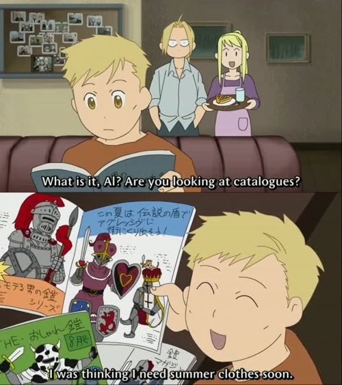 He praises the sun. . pay" attentioni to clothes ant] other fashion, I want in "iv' ear- that, butit' ! over my budget,. Yuh, it's a pretty good deal, that suit of armor there at the low cost of 1 arm.