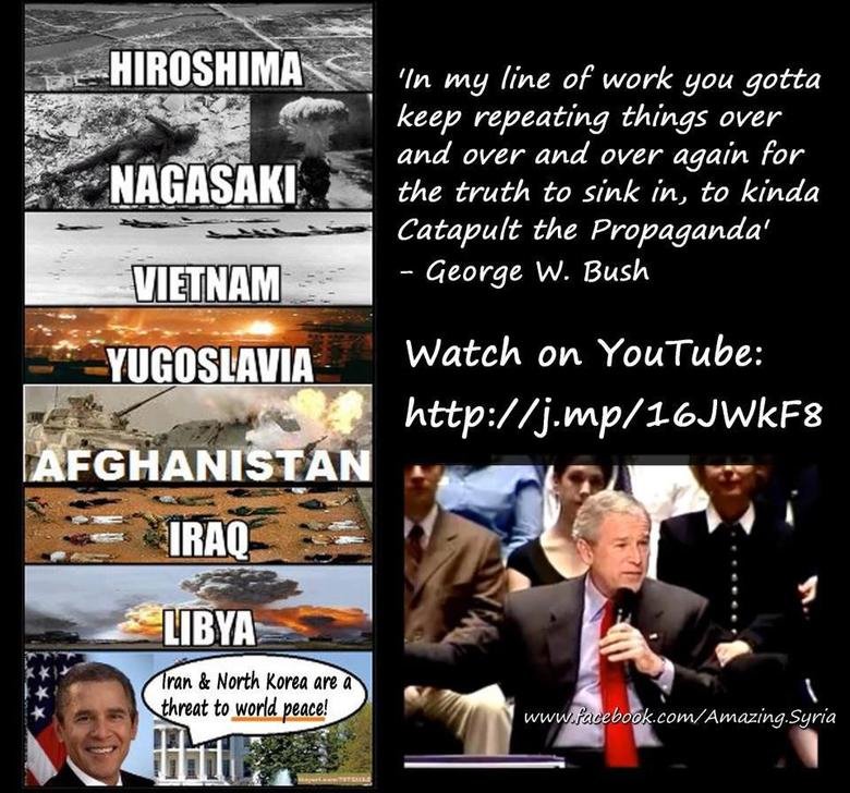 History repeats itself History repeats itself. Any time USA sees a need to flex its military might, it picks a much smaller and militarily weaker country, paints it up as the bad guy,