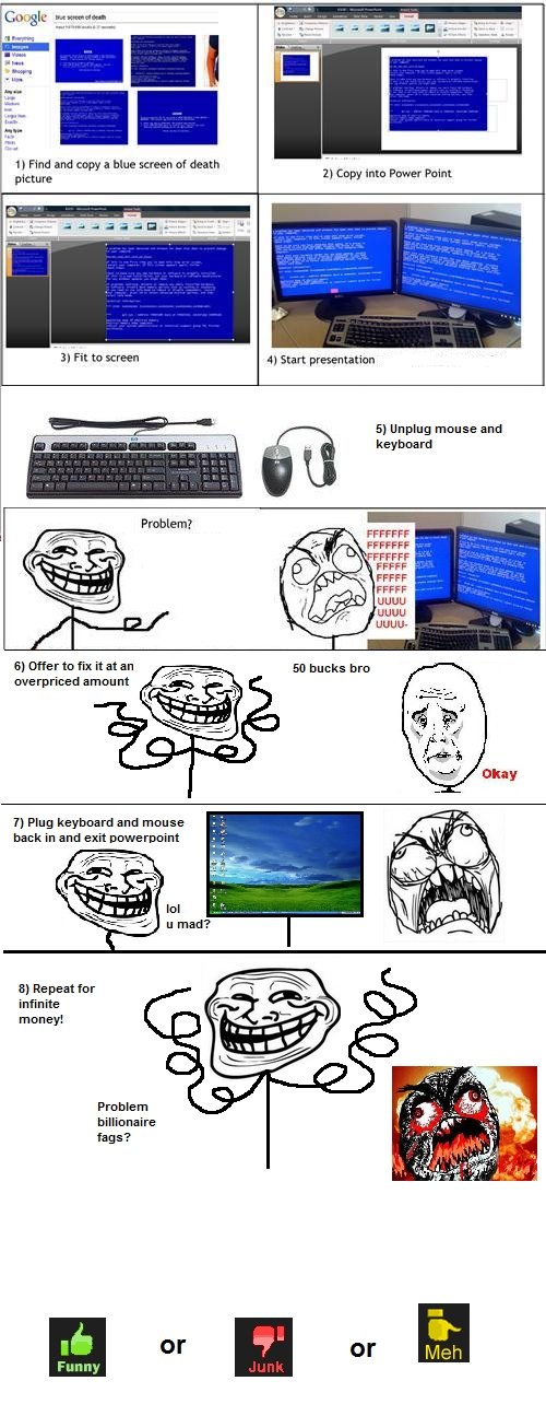 How to troll your computer bro's How to troll your computer bro's. Just f.y.i the Meh thumb will never happen, it's just turned into sort of a signature. Original comic found on Monday thru Fri