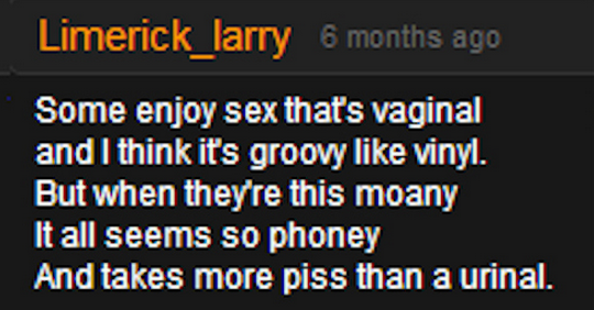 Limerick Larry. . larry Having sex with bondage and leather is just not my sort of endevour_ If you asked me to shag with a whip and a gag I' d answer "not now 