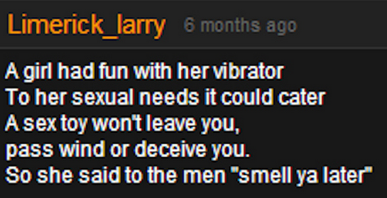 Limerick Larry. . larry Having sex with bondage and leather is just not my sort of endevour_ If you asked me to shag with a whip and a gag I' d answer "not now 