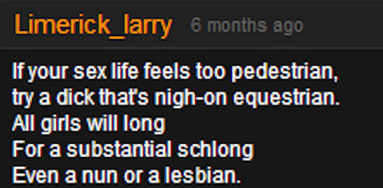 Limerick Larry. . larry Having sex with bondage and leather is just not my sort of endevour_ If you asked me to shag with a whip and a gag I' d answer "not now 
