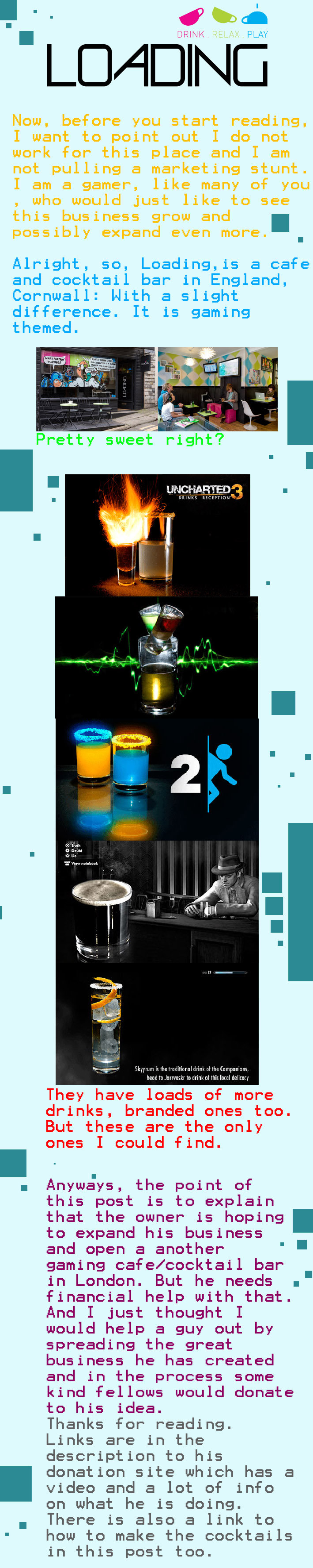 Loading Cafe/Bar Loading Cafe/Bar. I forgot to mention there's multiple consoles, old and new which you can play for free. Donation site: www.indiegogo.com/loading Cocktail Reci