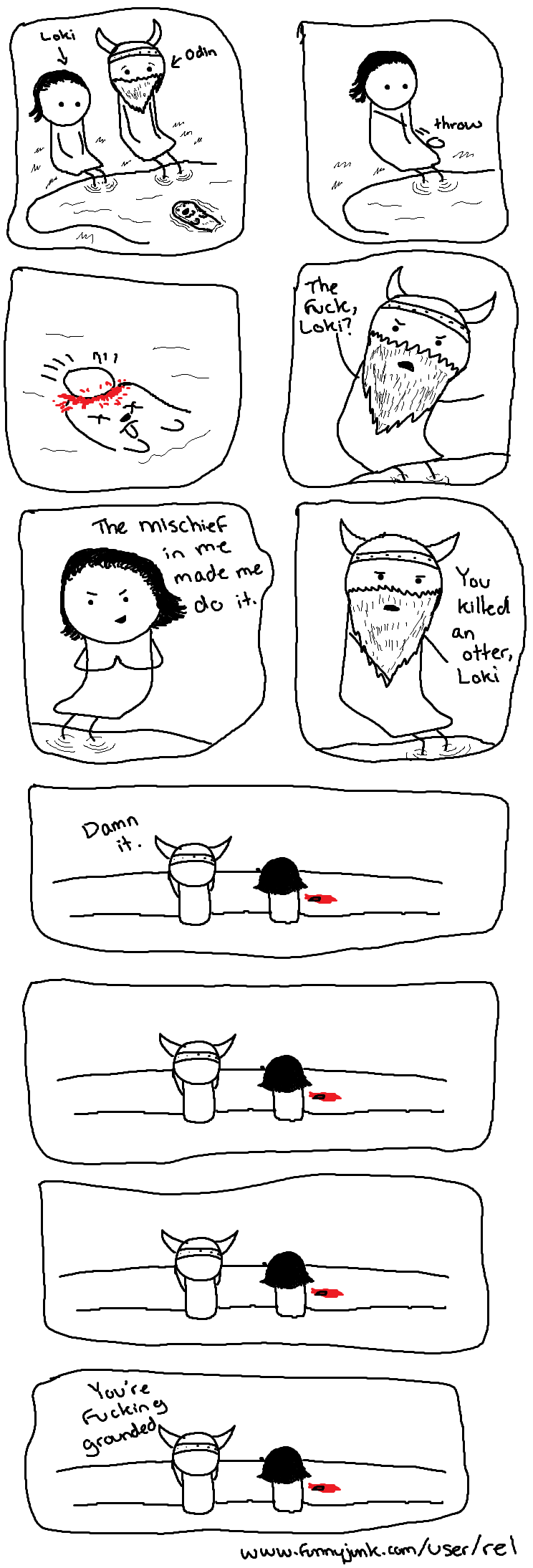 Loki and the Otter Loki and the Otter. Yes, that's an otter. I'm at drawing otters. The comic is based on Norse Mythology where Loki and Odin are on a trip and Loki throws a rock