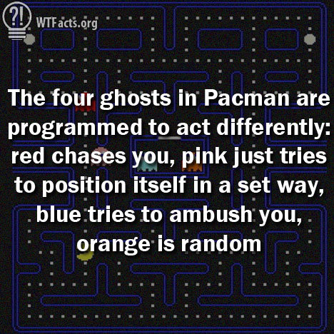Pacman Pacman. Source: wtfacts.org/ "Ghosts, how do you plan to defeat PAC-MAN?" Red: "Attack!" Pink: "Intercept!" Blue: "Ambush!&qu