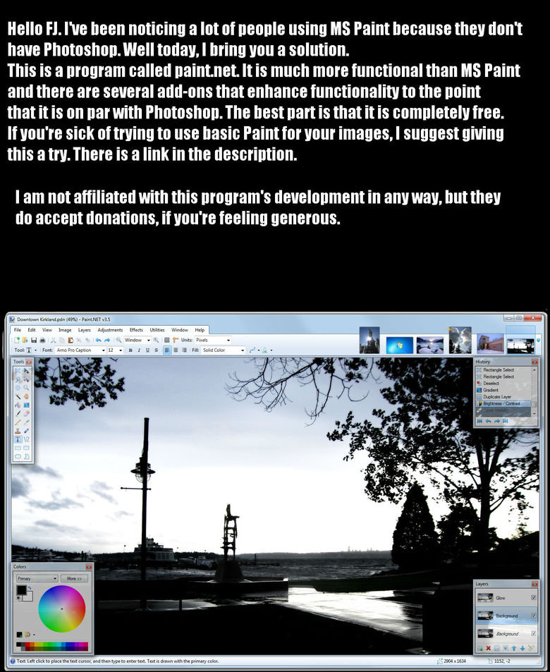 paint.net paint.net. To get the program, go here. getpaint.net The plug-in archive is here. (Pyrochild's will add the text outline functionality) forums.getpaint.net/inde