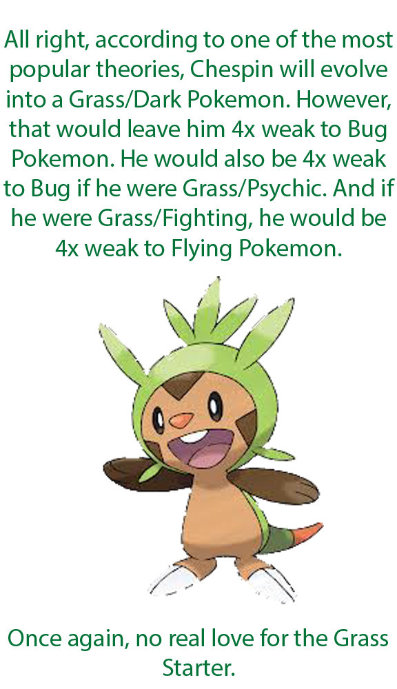 Poor Chespin Poor Chespin. This is based off the theory that the new starters will have the secondary types to gain an advantage over their rival. The most popular one is th