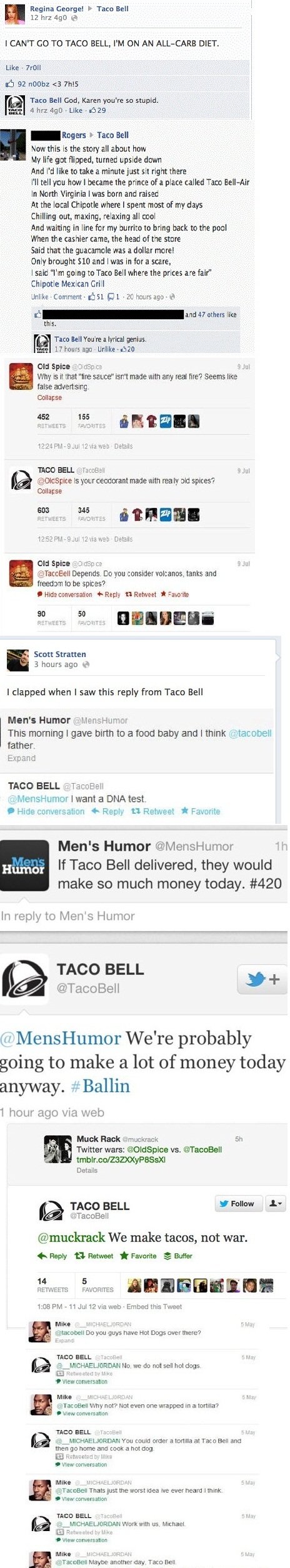 Taco Bell on Facebook and Twitter Comp. Taco Bell on Facebook and Twitter Comp.. Saw a picture make the frontpage ( /channel/stoner-humor/Finally+someone+loves+me/sssfGff/ ) and I wondered if there wa