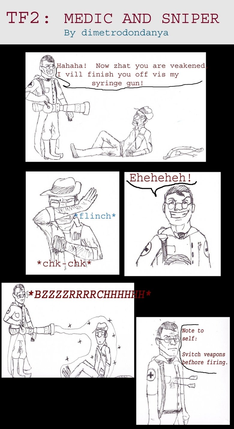 TF2: Medic and Sniper (PLEASE ENLARGE) TF2: Medic and Sniper (PLEASE ENLARGE). I LAV DIS DOKTOR! Resubmitted because it did horribly last time. I know you can't heal the other team, I just made this