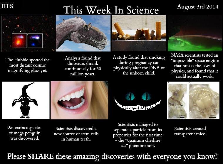 This Week In Science | August 3rd This Week In Science | August 3rd. Cosmic magnifying glass: Dinosaurs: Smoking: Space engine: Giant penguin: Stem cells: Cheshire cat: Transparent mice: . IFLY