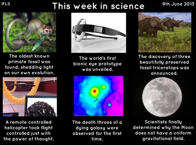 This week in science This week in science. IFLS Primate: Bionic Eye Tricerotops huff.to/1b0tctj Helicopter Galaxy Moon Moon . tth June 2013 The oldest known The world' s first The d